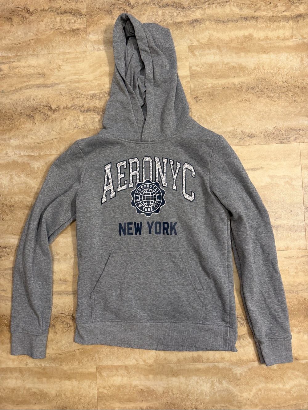 Aeropostale Men's Grey 'Aero NYC' Crewneck Hoodie with Navy Print